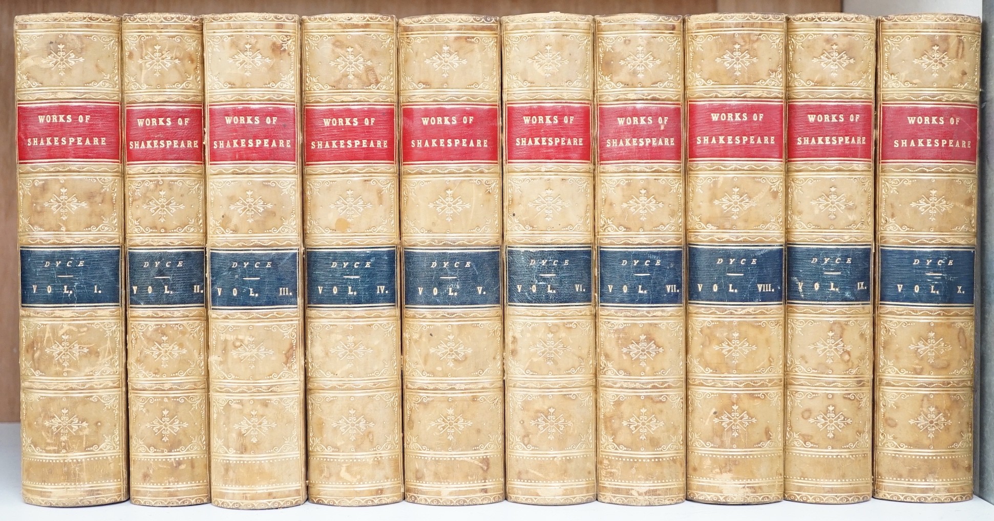 Works of Shakespeare, 10 volumes, leather bound, 22cms high